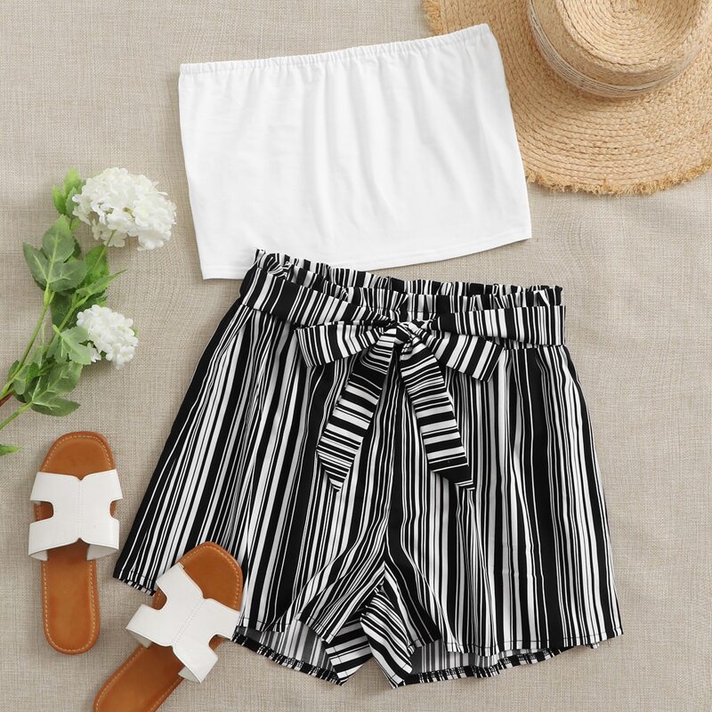 

Tube Top & Striped Belted Shorts, Black and white