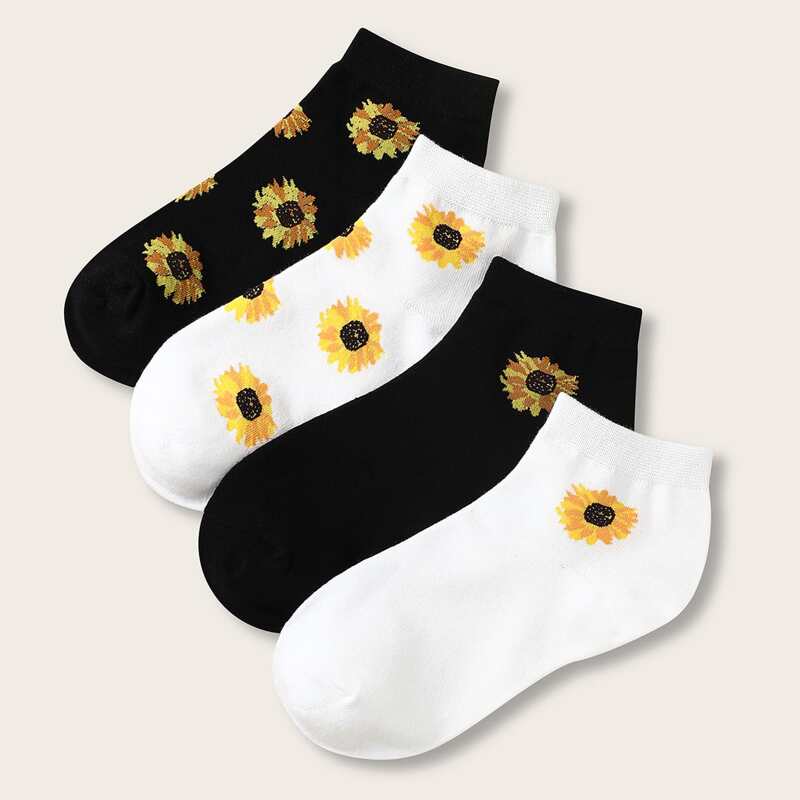 

4pairs Sunflower Pattern Socks, Multicolor