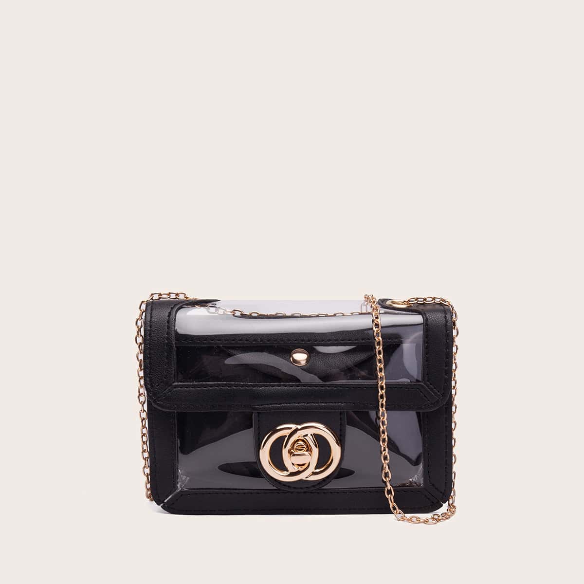 

Clear Flap Chain Crossbody Bag, Black