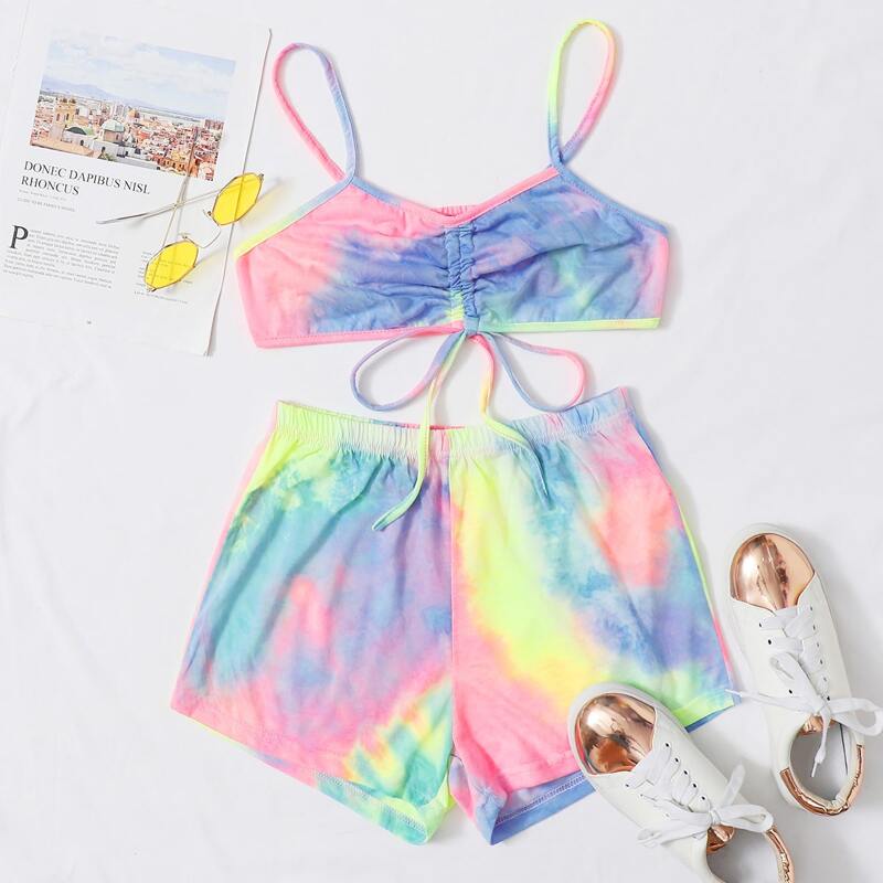 

Tie Dye Drawstring Cami Top With Shorts Lounge Set, Multicolor