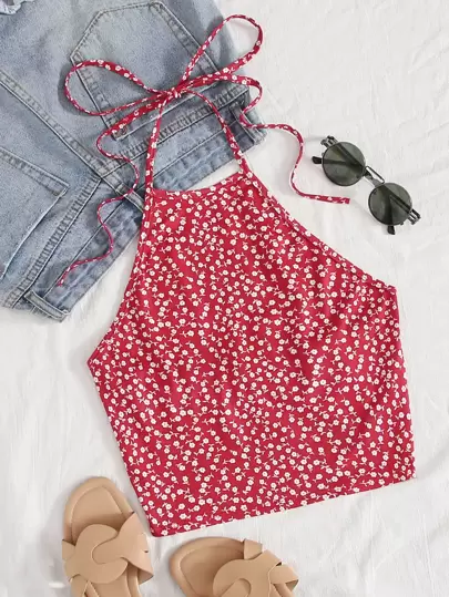 Soleia Self Tie Ditsy Floral Halter Top