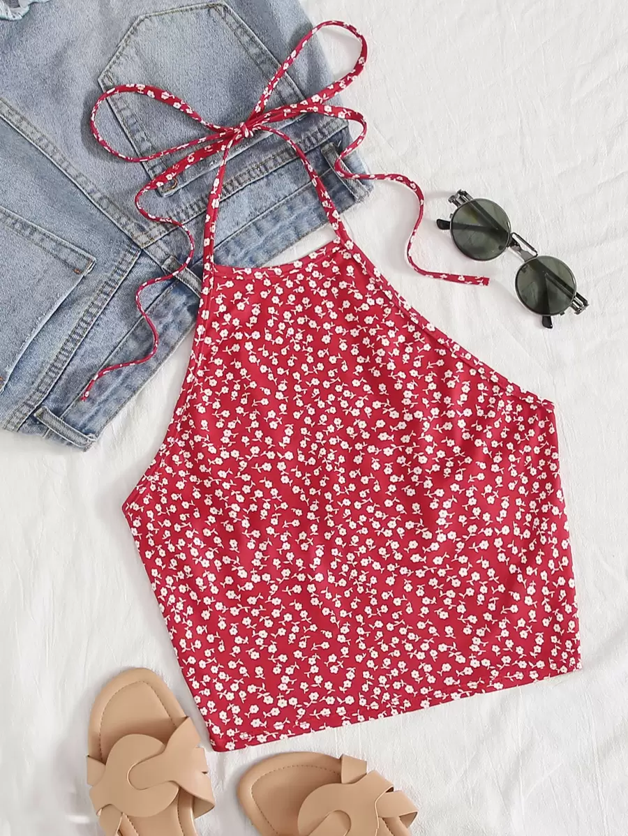 Soleia Self Tie Ditsy Floral Halter Top - Red - View 1