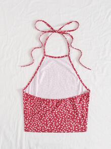 Soleia Self Tie Ditsy Floral Halter Top - Red - View 2
