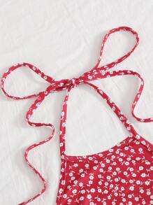 Soleia Self Tie Ditsy Floral Halter Top - Red - View 5