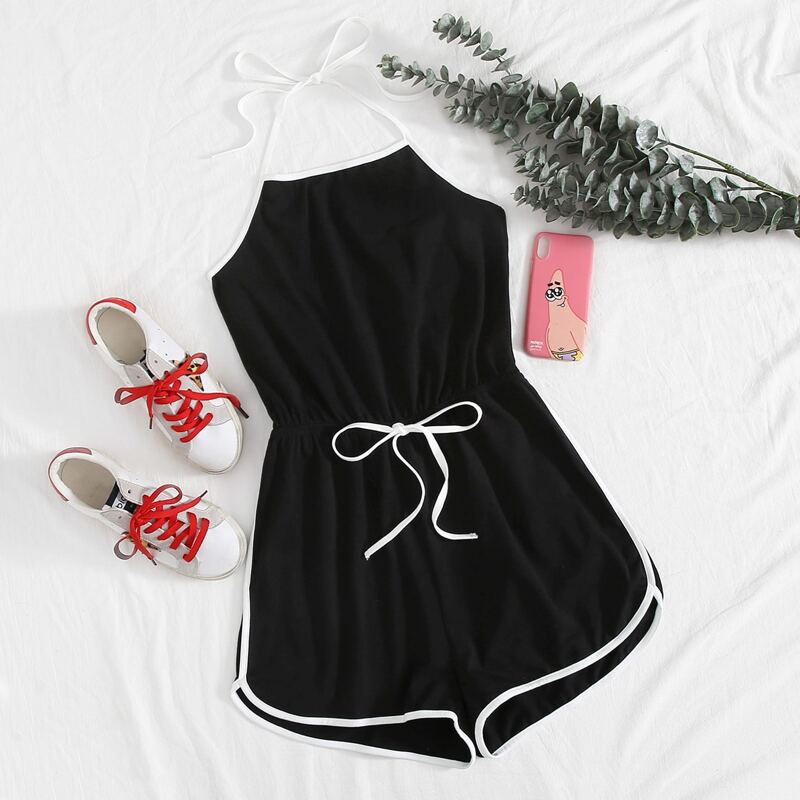 

Tie Front and Back Contrast Binding Halter Romper, Black