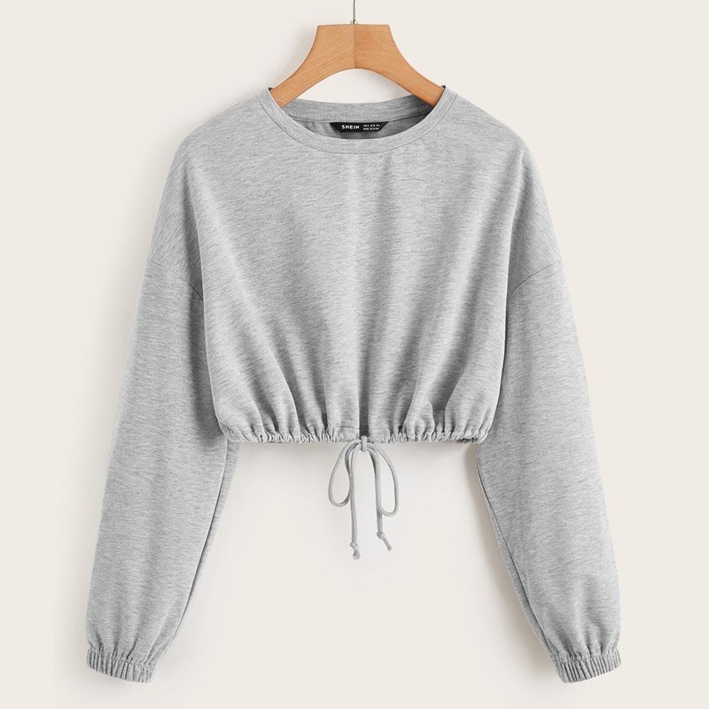 

Drop Shoulder Drawstring Hem Crop Pullover, Light grey