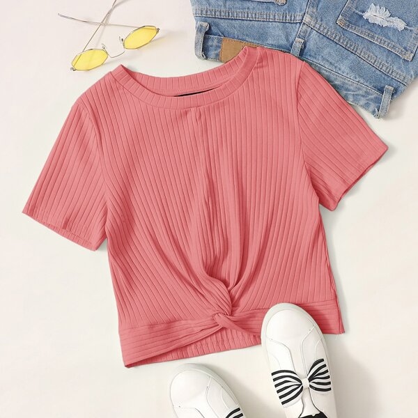 

Twist Hem Rib-knit Top, Watermelon pink