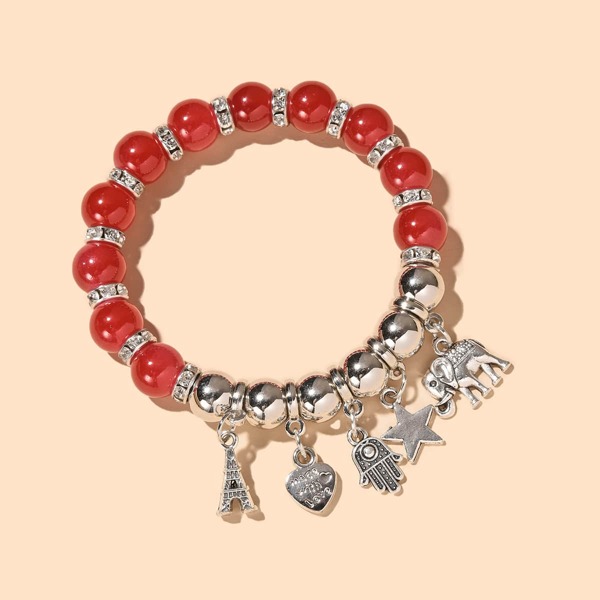 

Hand Star Charm Beaded Bracelet, Red