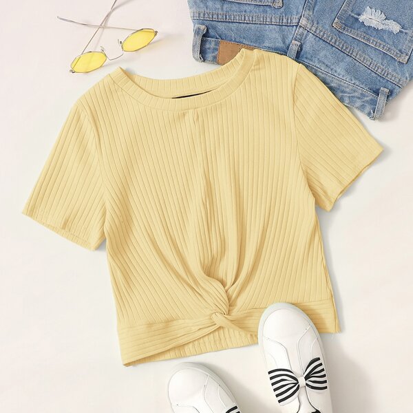 

Twist Front Rib-knit Crop Tee, Yellow pastel