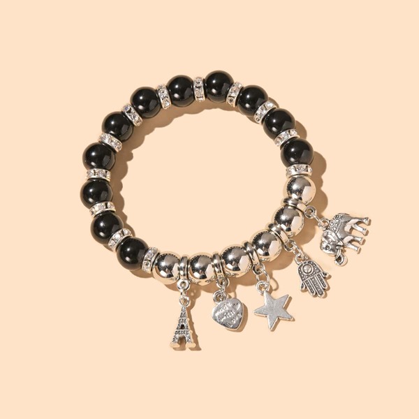 

Hand Star Charm Beaded Bracelet, Black