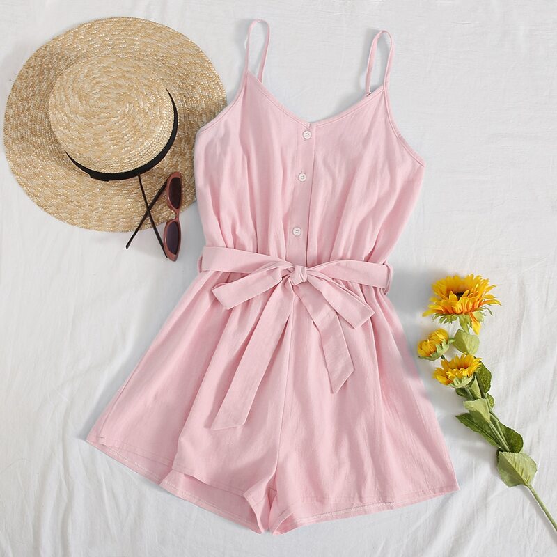 

Button Front Belted Cami Romper, Baby pink