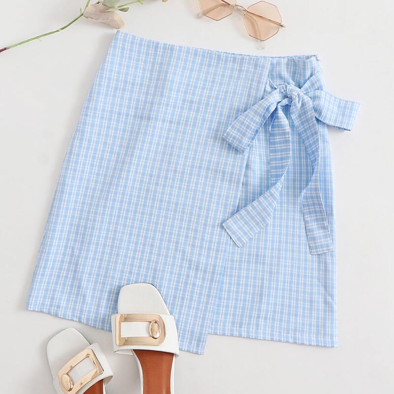

Plaid Tie Wrap Skirt, Baby blue