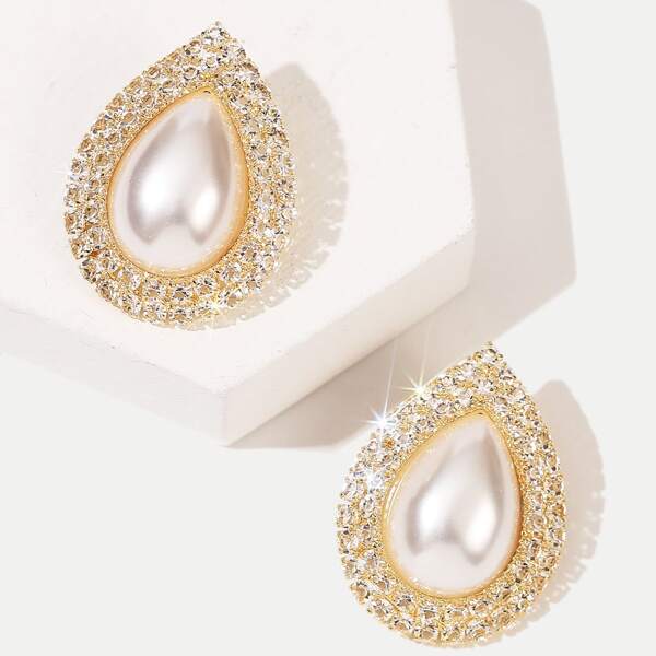 

Rhinestone Faux Pearl Stud Earrings, Gold