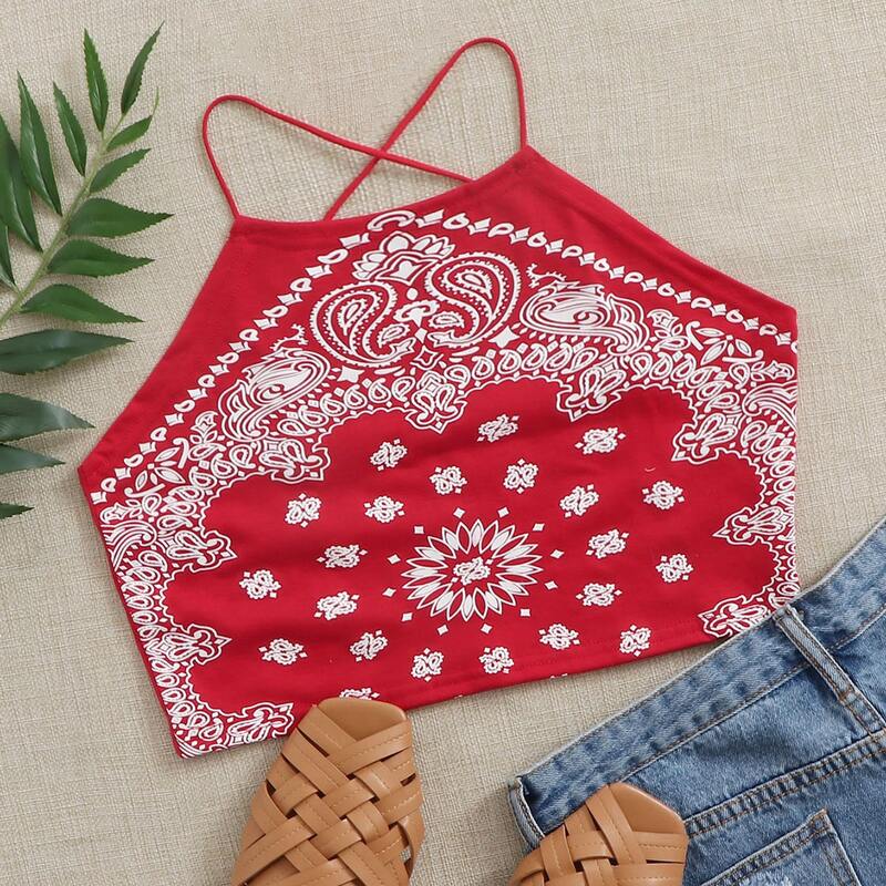 

Cross Back Crop Paisley Cami Top, Red