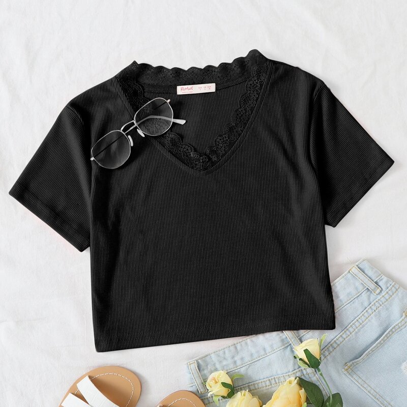 

Black Lace Trim Crop Tee