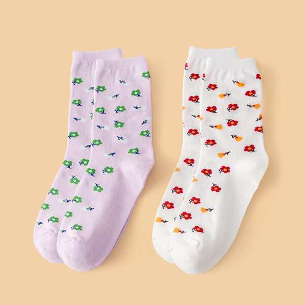 

2pairs Flower Pattern Socks, Multicolor
