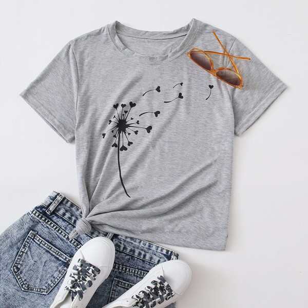 

Plants And Heart Print Tee, Light grey