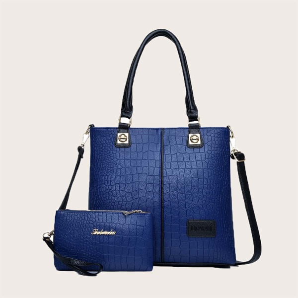 

2pcs Croc Embossed Tote Bag With Clutch, Blue
