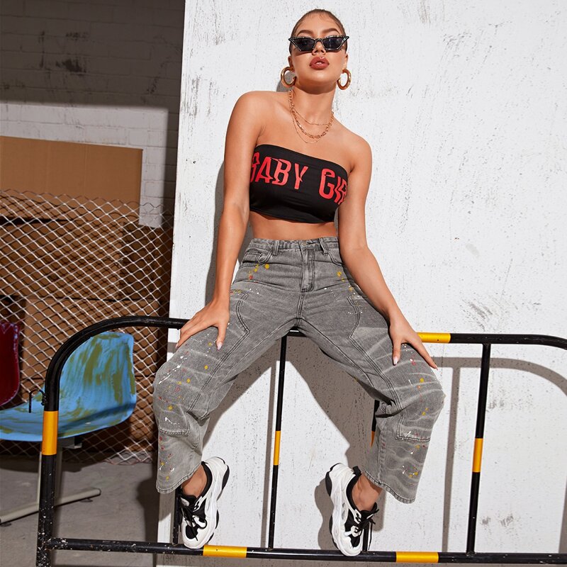 

Splash Print Baggy Jeans, Grey