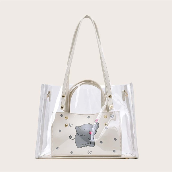 

2pcs Clear Tote Bag With Cartoon Graphic Satchel Bag, White