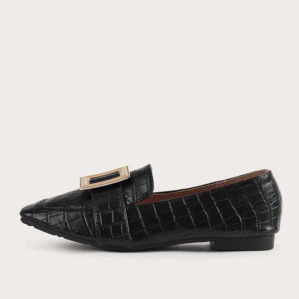 

Buckle Strap Stone Embossed Loafers, Black