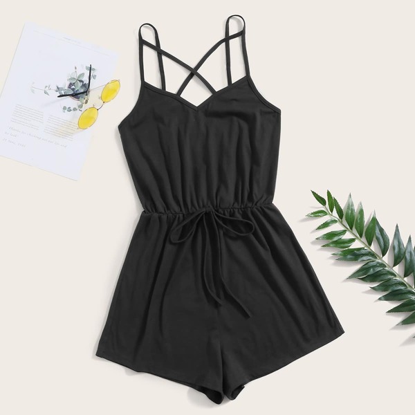 

Strappy Yoke Tie Waist Slip Romper, Black