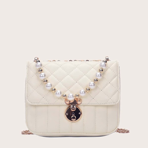 

Faux Pearl Decor Quilted Satchel Bag, Beige