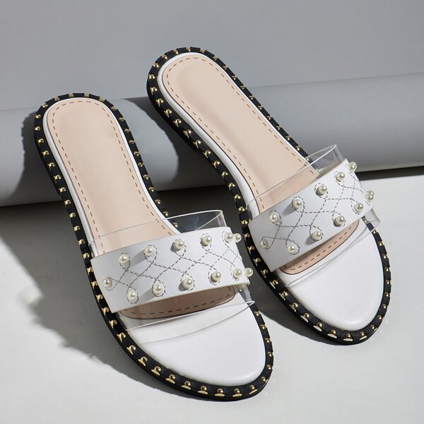 

Faux Pearl Decor Slide Sandals, White