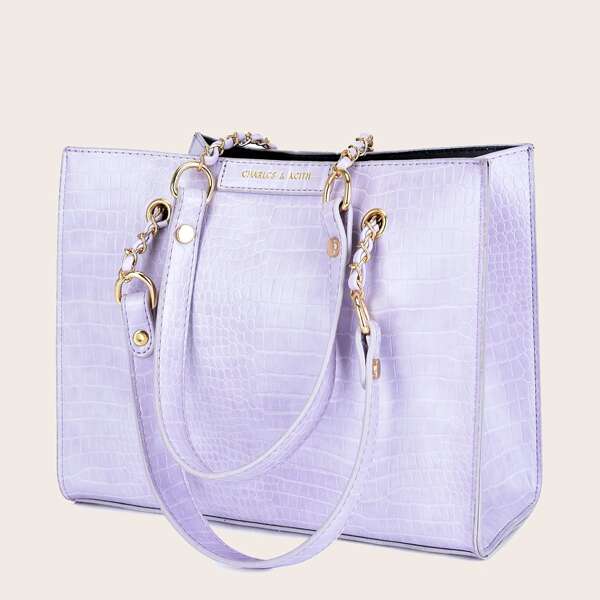 

Croc Embossed Tote Bag With Inner Pouch, Purple