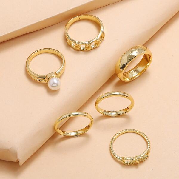 

6pcs Faux Pearl Decor Ring, Gold