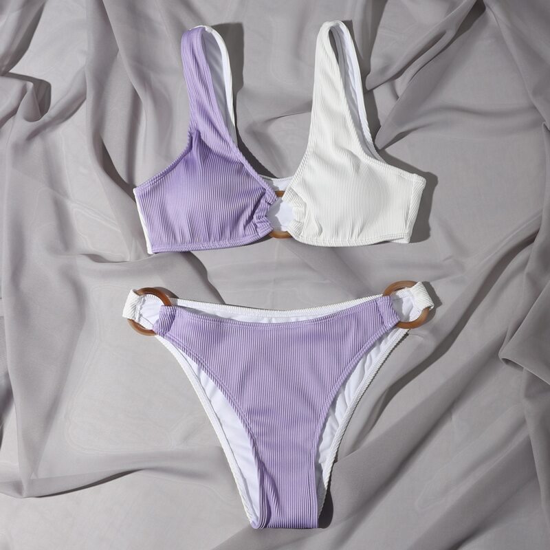 

Two Tone Rib Ring Linked Bikini Swimsuit, Multicolor