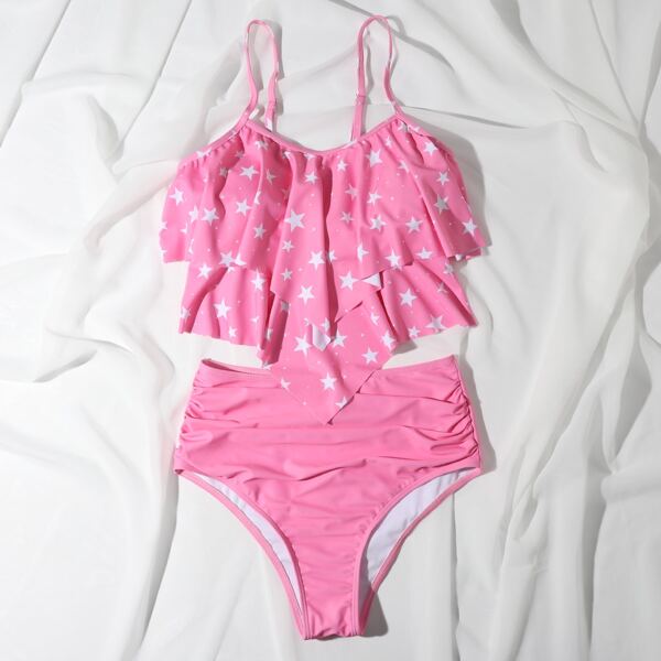 

Star Print Hanky Hem High Waisted Bikini Swimsuit, Baby pink