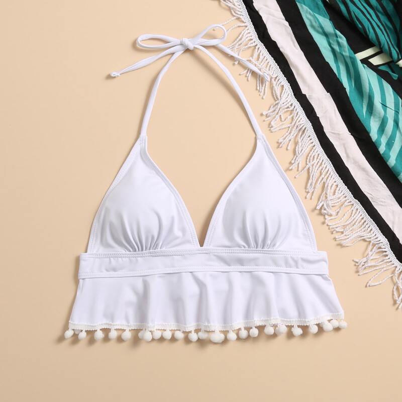 

Pom-pom Ruffle Hem Bikini Top, White