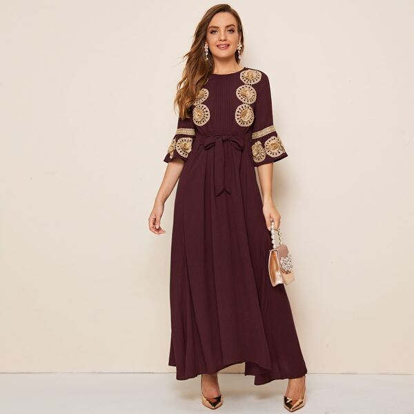 

Pleated Front Embroidered Applique Detail Belted Dress, Maroon