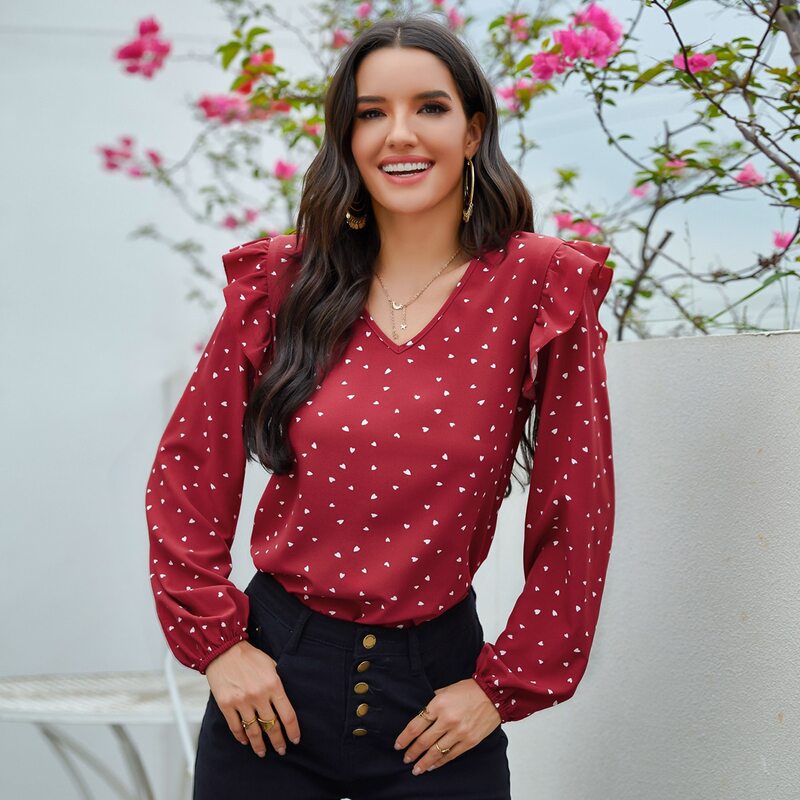 

Confetti Heart Print Ruffle Blouse, Burgundy