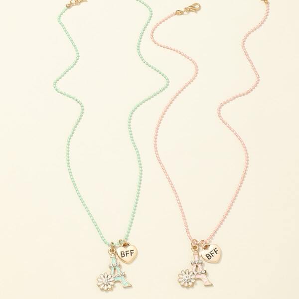 

2pcs Girls Letter Heart Charm Necklace, Multicolor