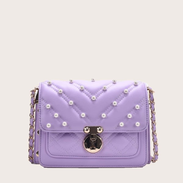 

Faux Pearl Decor Flap Crossbody Bag, Purple