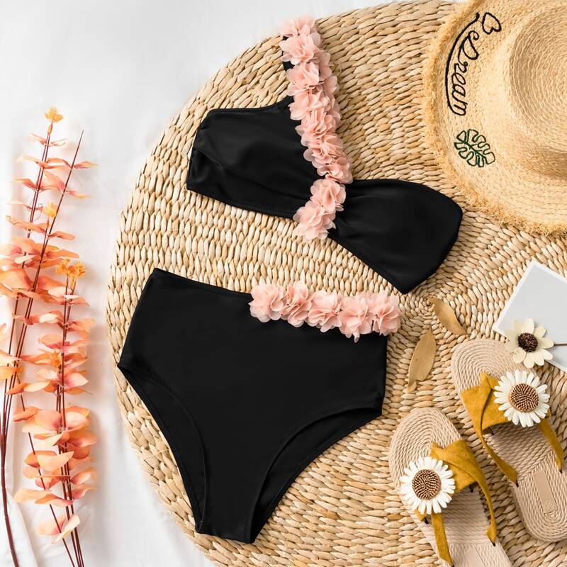 

Appliques One Shoulder Bikini Swimsuit, Black
