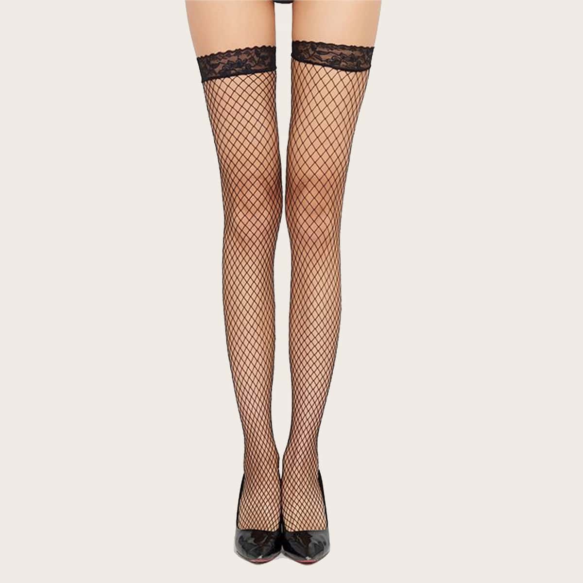 

Lace Trim Fishnet Stockings, Black