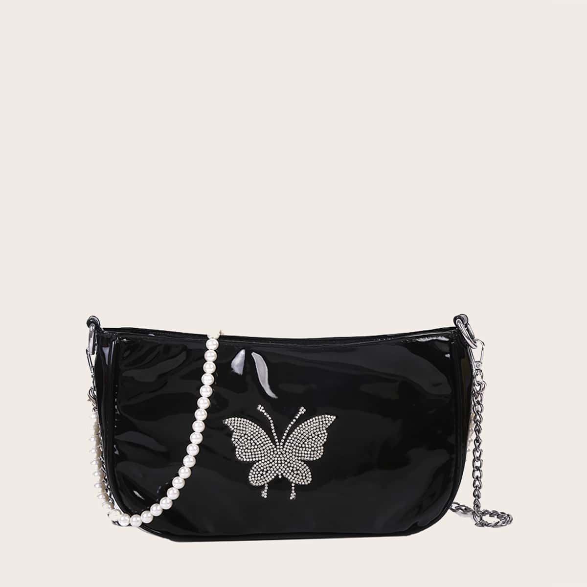 

Sequin Butterfly Faux Pearl Baguette Bag, Black