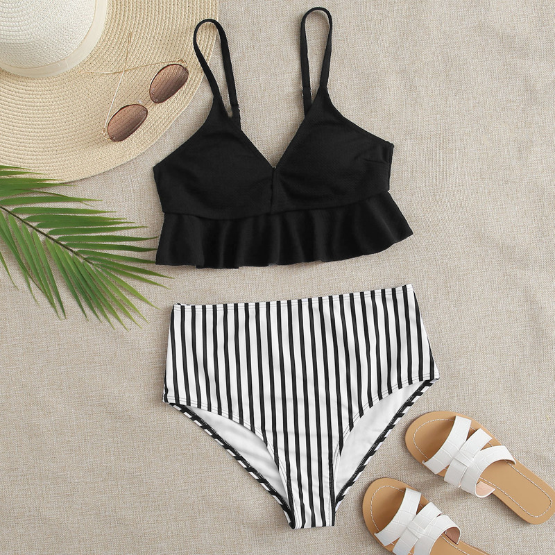 

Striped Ruffle Hem Bikini Swimsuit, Black and white