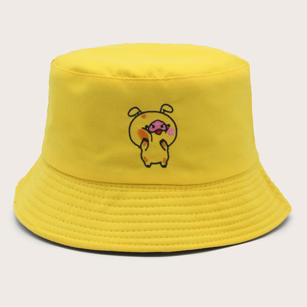 

Pig Embroidery Bucket Hat, Yellow
