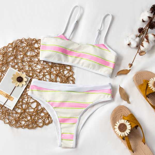

Striped Print Bikini Swimsuit, Multicolor