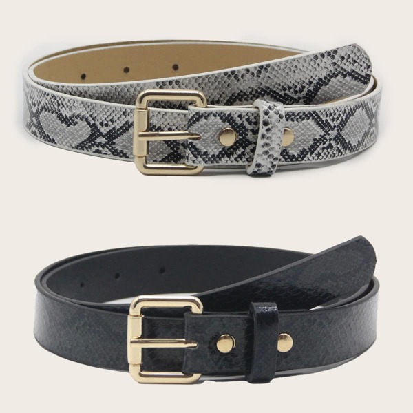 

2pcs Snakeskin Pattern Buckle Belt, Multicolor