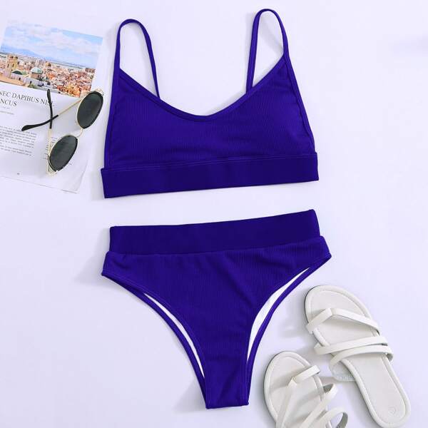 

Rib High Waisted Bikini Swimsuit, Royal blue
