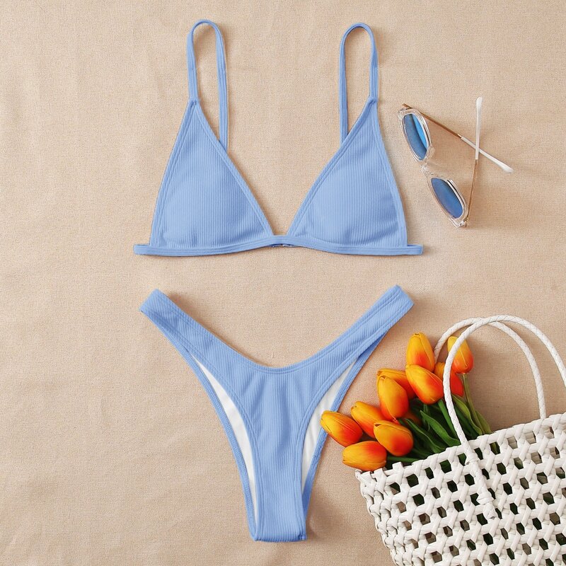 

Rib Triangle High Cut Bikini Swimsuit, Pastel baby blue
