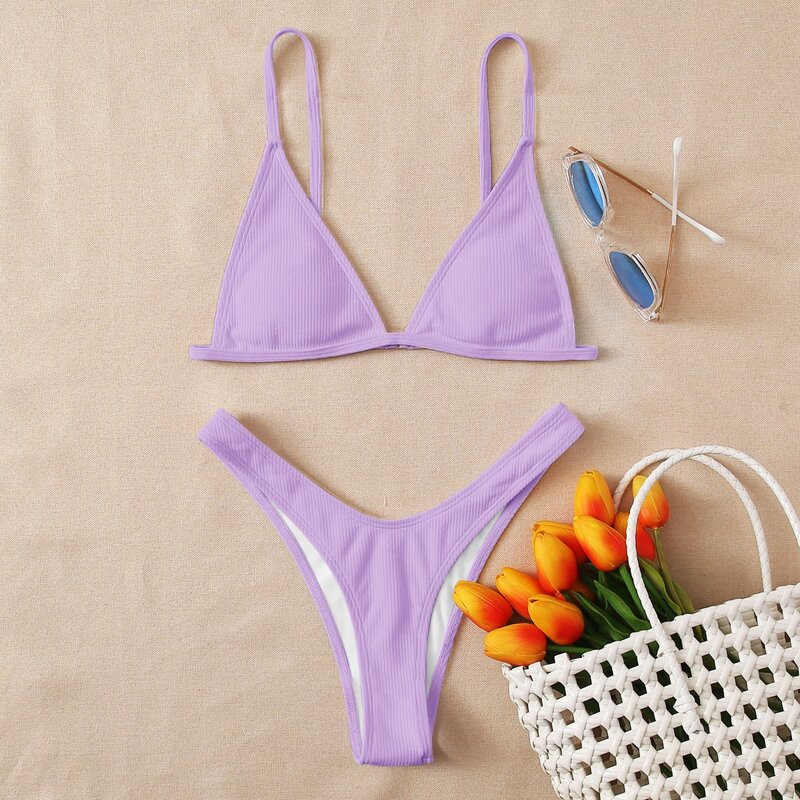 

Rib Triangle High Cut Bikini Swimsuit, Pastel lilac purple