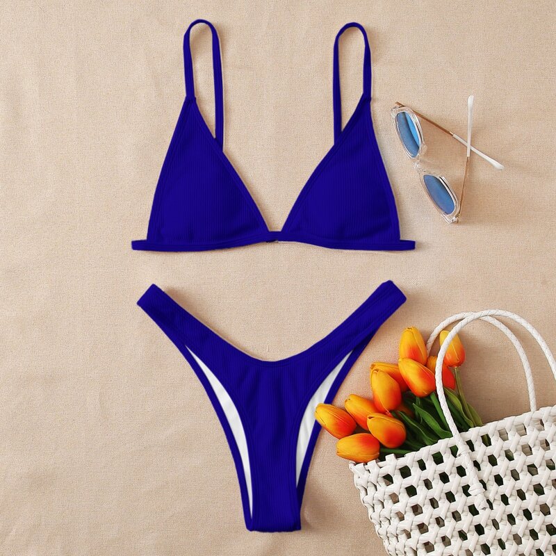 

Rib Triangle High Cut Bikini Swimsuit, Royal blue bright