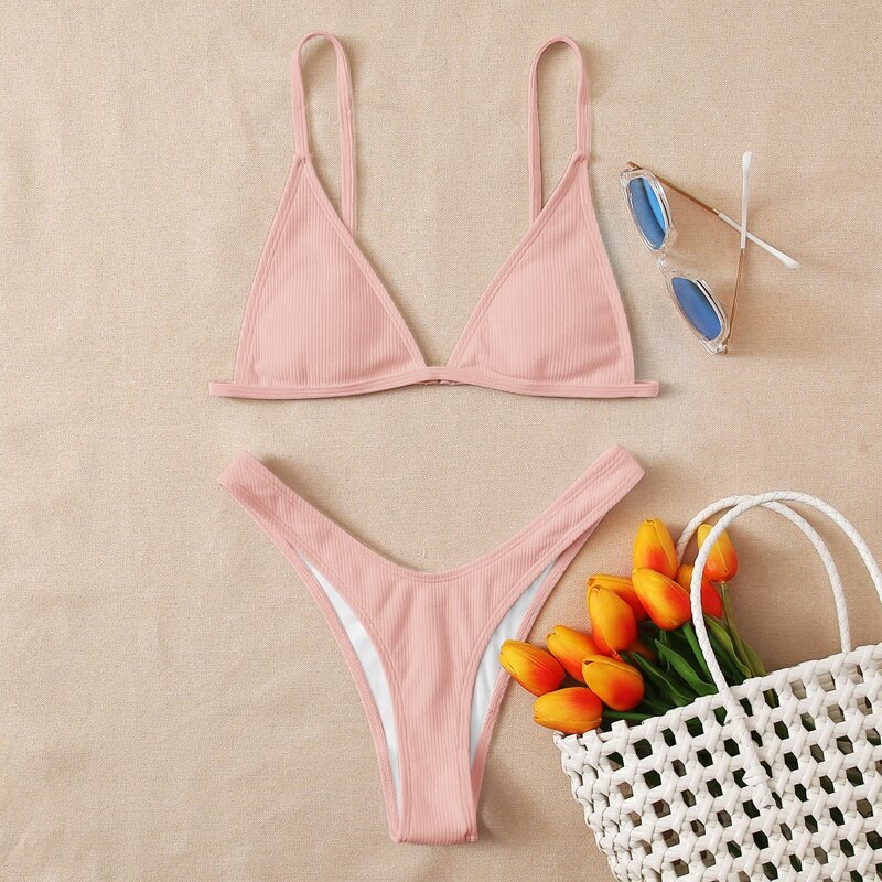 

Rib Triangle High Cut Bikini Swimsuit, Pastel baby pink