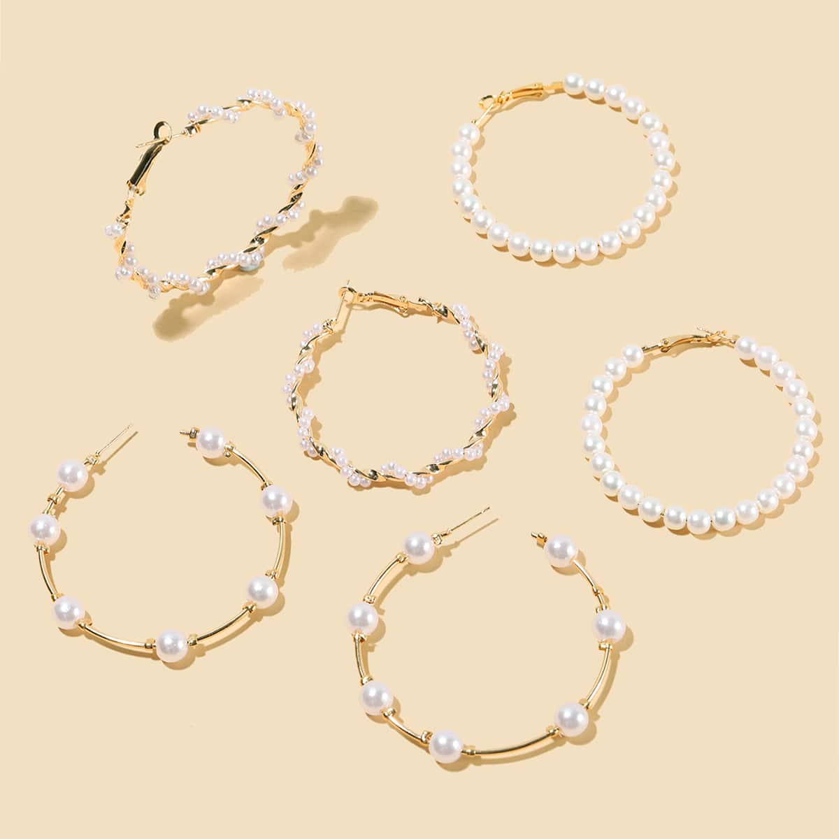 

3pairs Faux Pearl Beaded Hoop Earrings, Gold